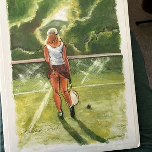 VINTAGE cheeky “Tennis Girl” painting. Inspired by famous 70s photo.